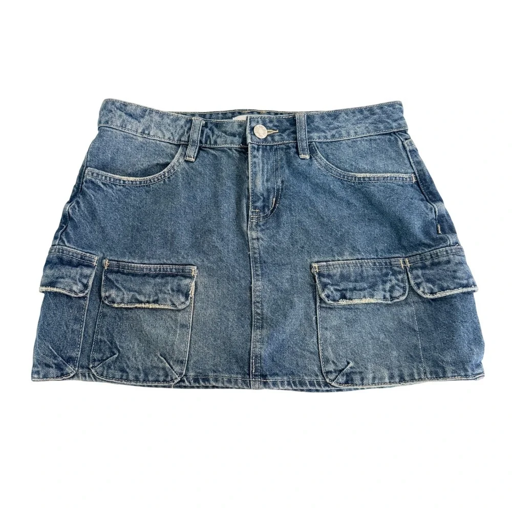 YMI Denim Mini Skirt Womens 7/28 Cargo Utility Pockets Medium Wash Blue